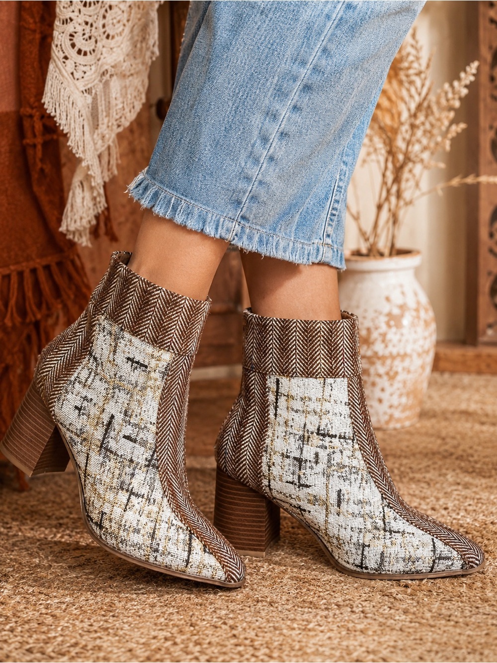Coconuts by Matisse Praline Tweed Herringbone Ankle Boots Block Heel Size 7M